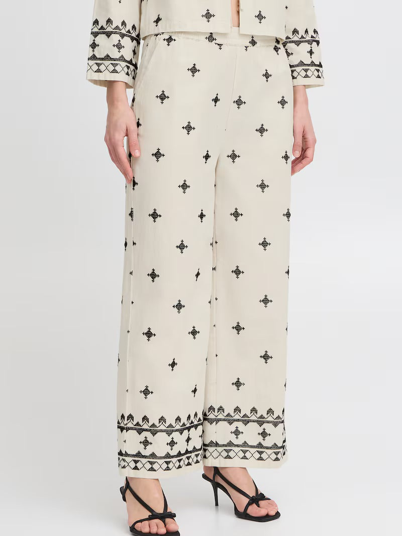 b.young Bydunia Embroidered Wide-Leg Pants - Beige
