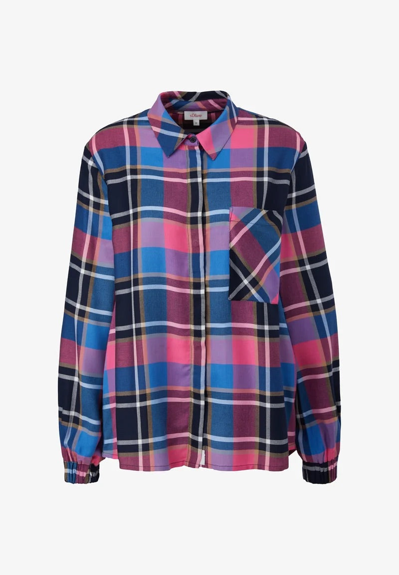 s.Oliver Oversized Plaid Shirt - Navy Blue, Pink & Purple