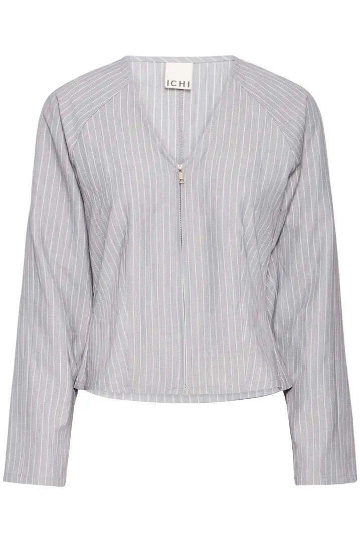 ICHI IHXTALIA Pinstripe Zip-Front Blouse - Light Grey