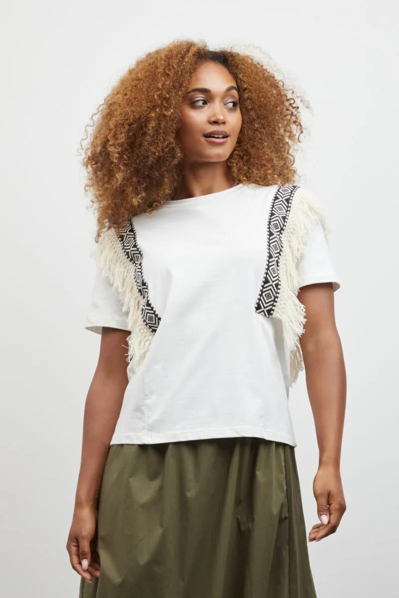 Sorbet Santi T-Shirt with Geometric Trim and Fringe