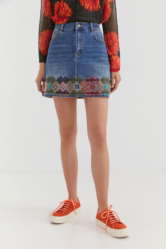 Desigual Blue Denim Embroidered Skirt
