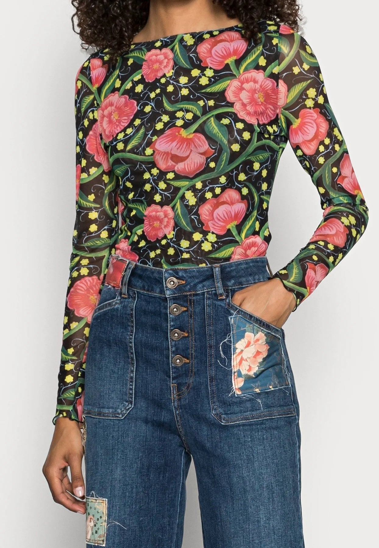 Desigual Floral Bodysuit - Black with Pink Flowers