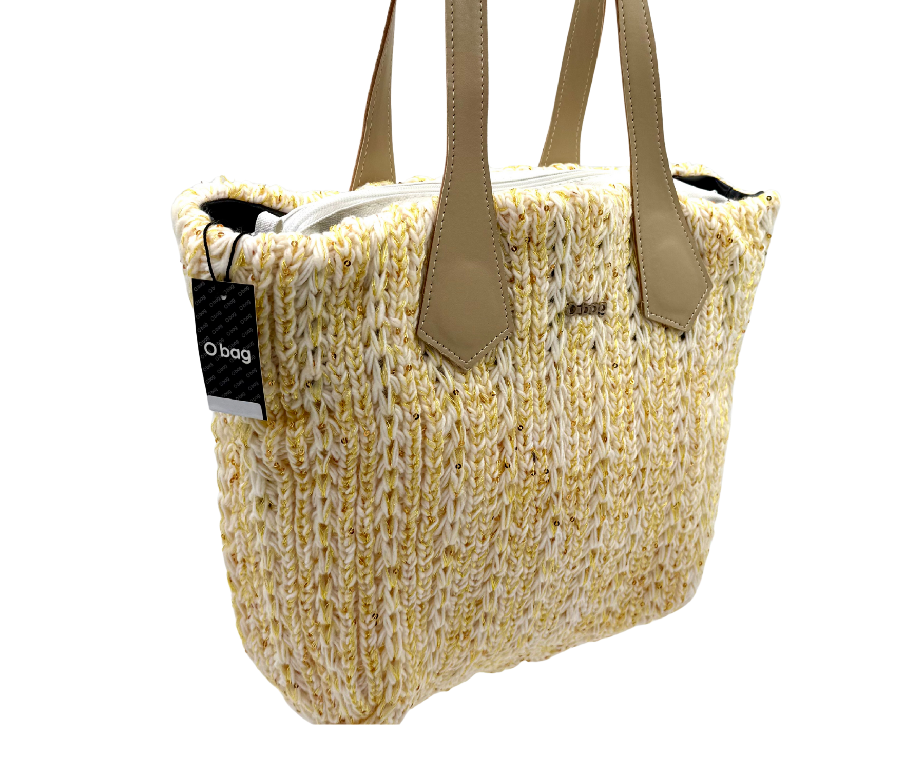 O bag bag – cream, knit-effect texture with gold threads, beige handles, zippered insert