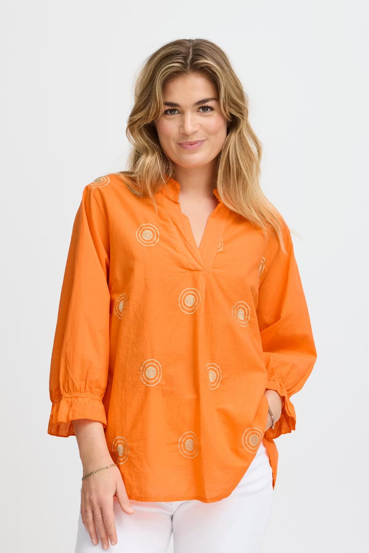 Sorbet Gilsa Embroidered V-Neck Blouse in Tangerine Orange