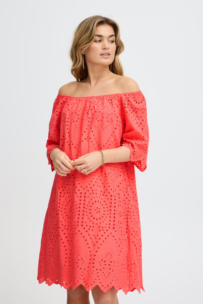 Sorbet Milea Off-Shoulder Broderie Anglaise Dress - Coral Pink