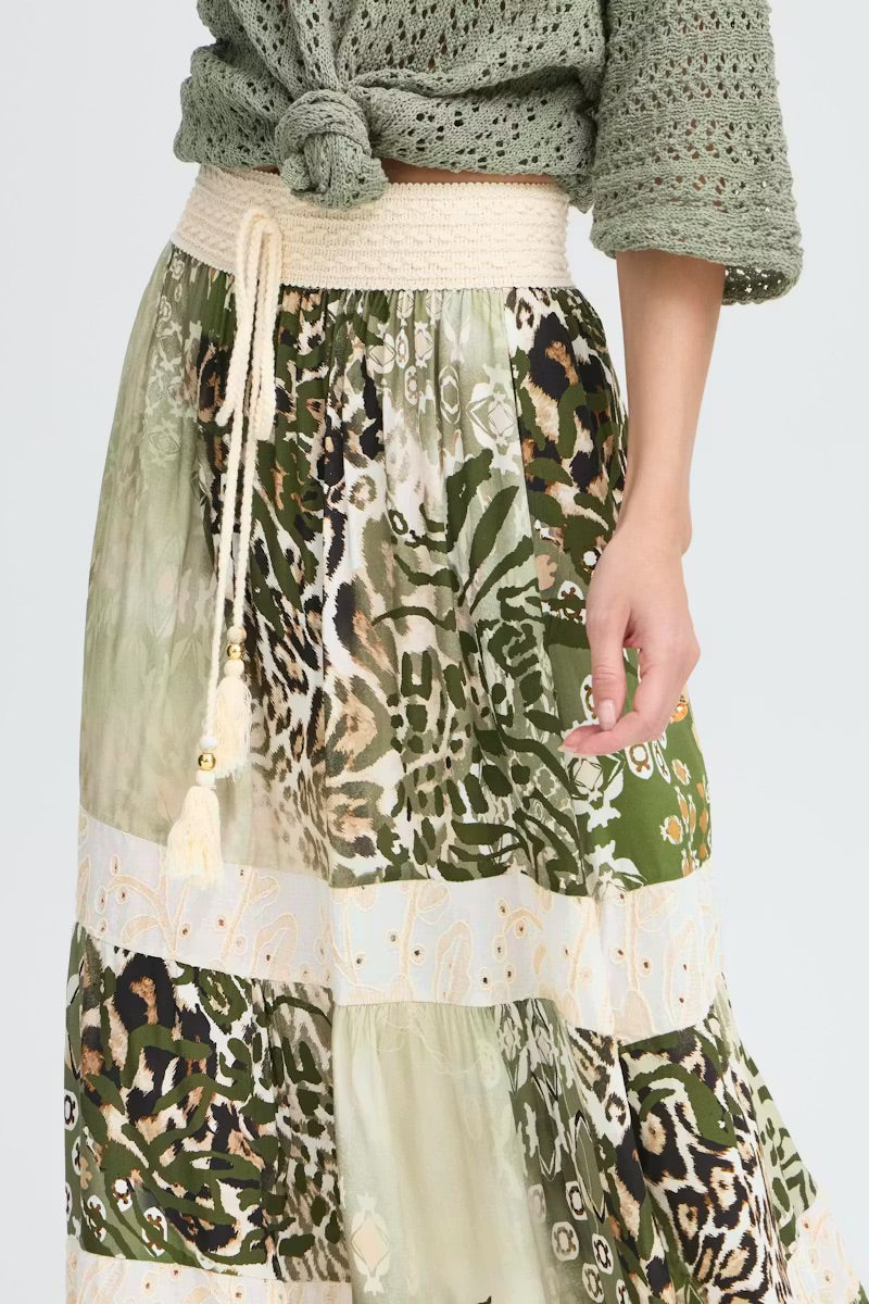 Sorbet Alona Tiered Maxi Skirt with Animal Print - Cream & Sage