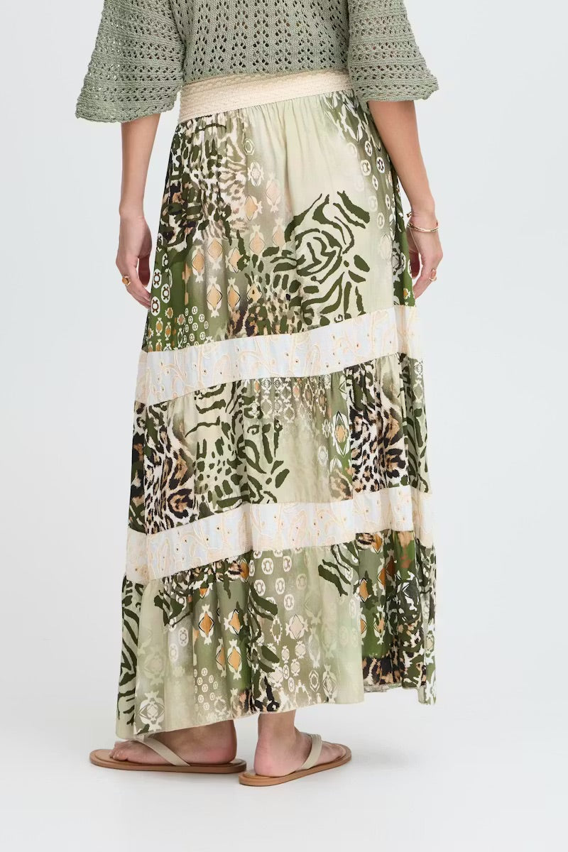 Sorbet Alona Tiered Maxi Skirt with Animal Print - Cream & Sage