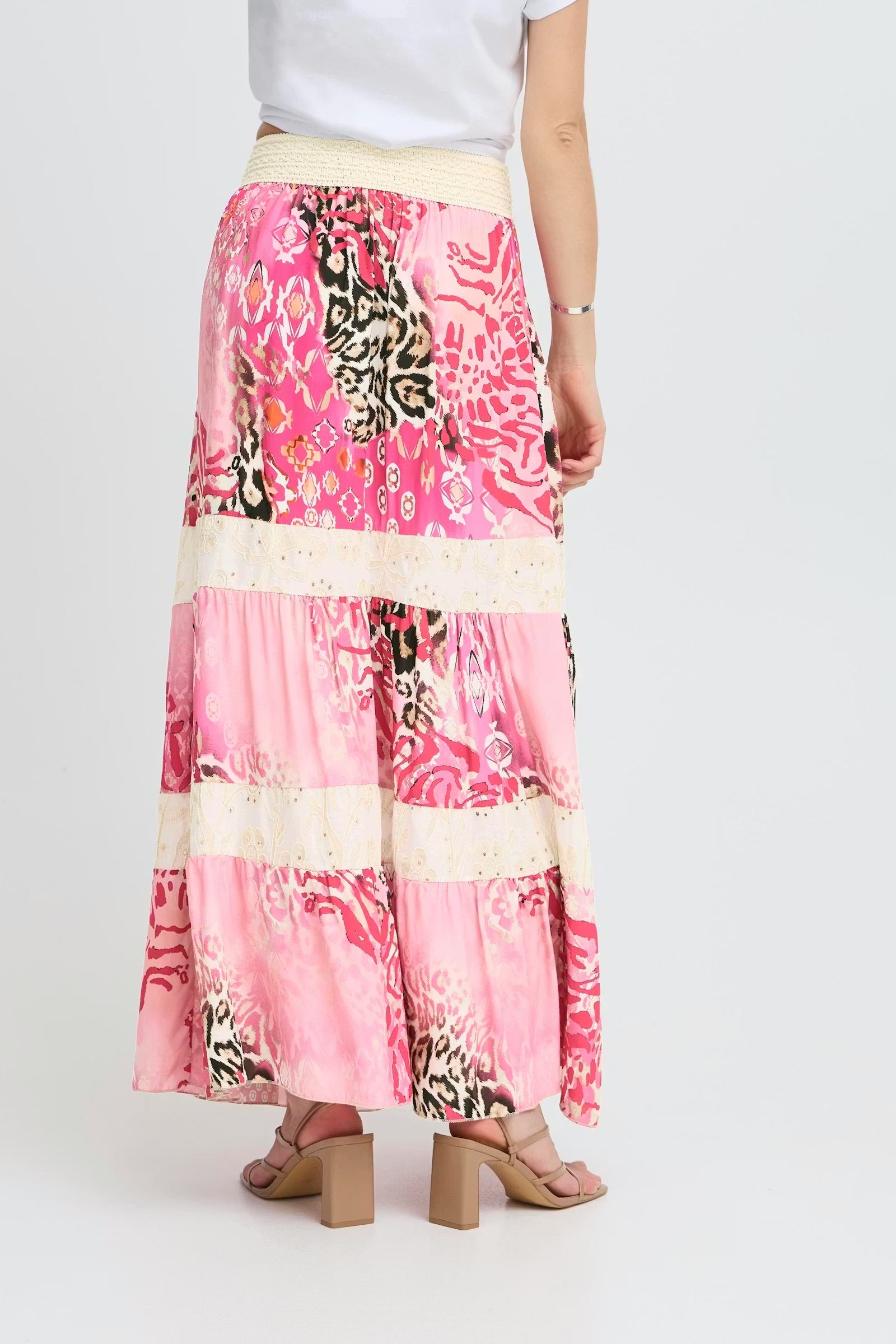 Sorbet Alona Tiered Maxi Skirt with Animal Print - Pink & Cream