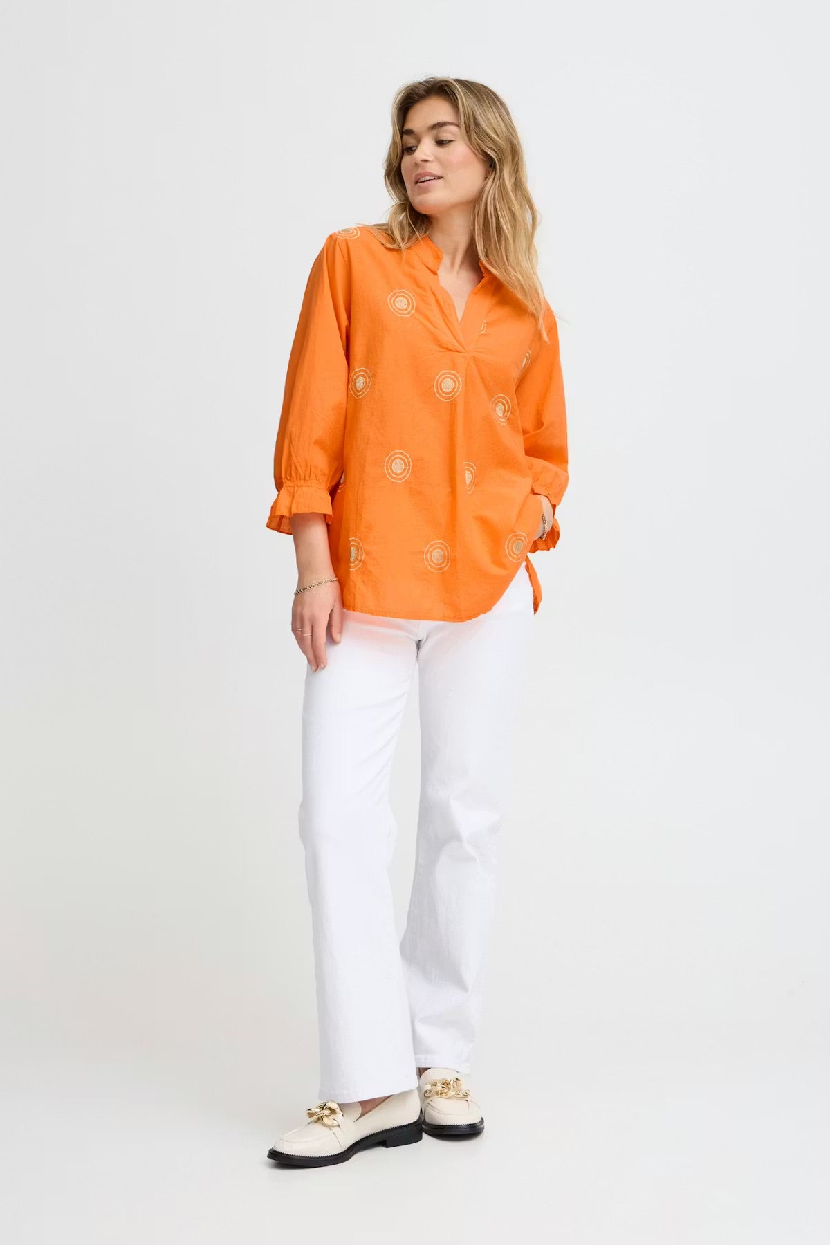 Sorbet Gilsa Embroidered V-Neck Blouse in Tangerine Orange