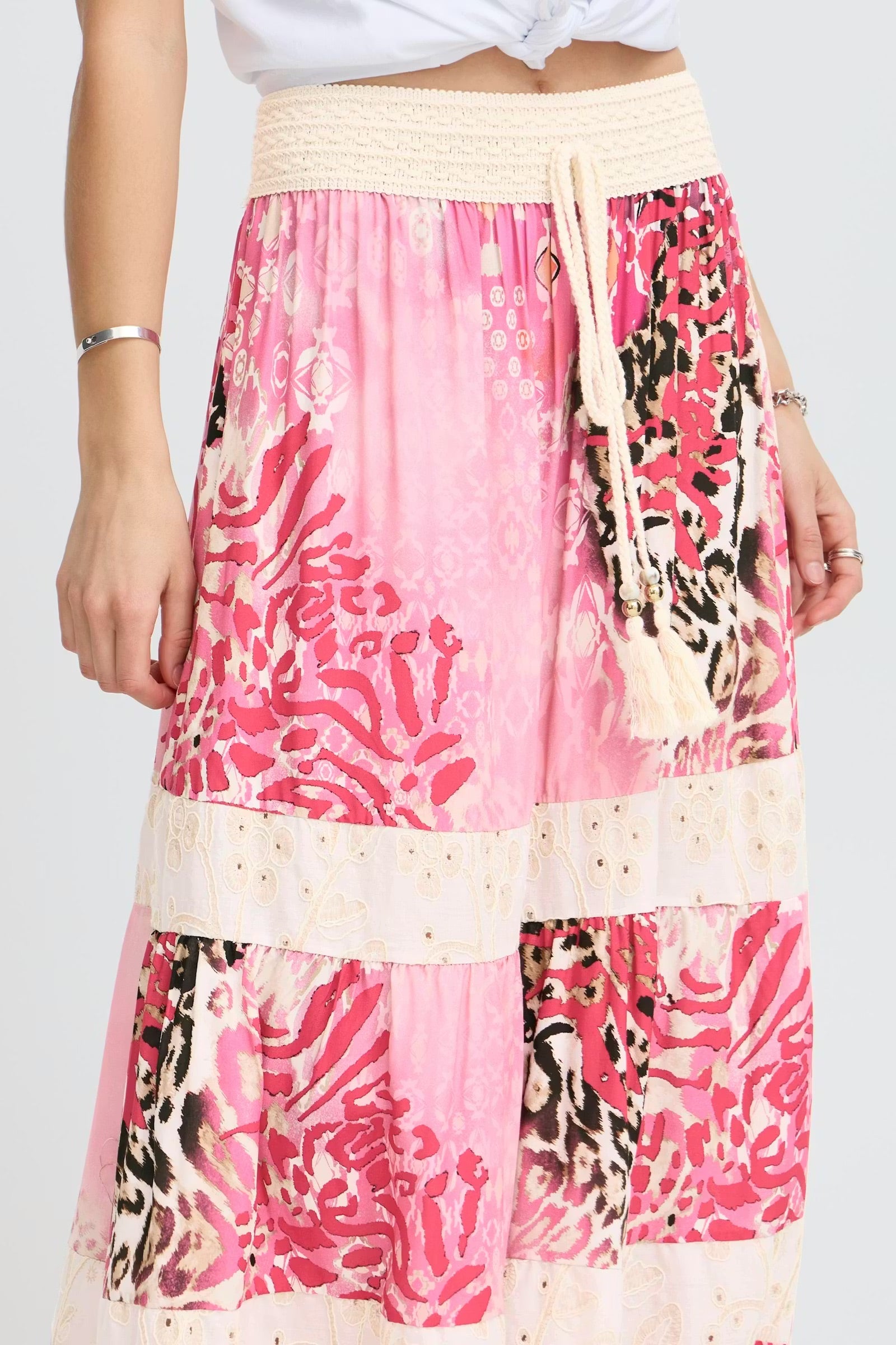 Sorbet Alona Tiered Maxi Skirt with Animal Print - Pink & Cream