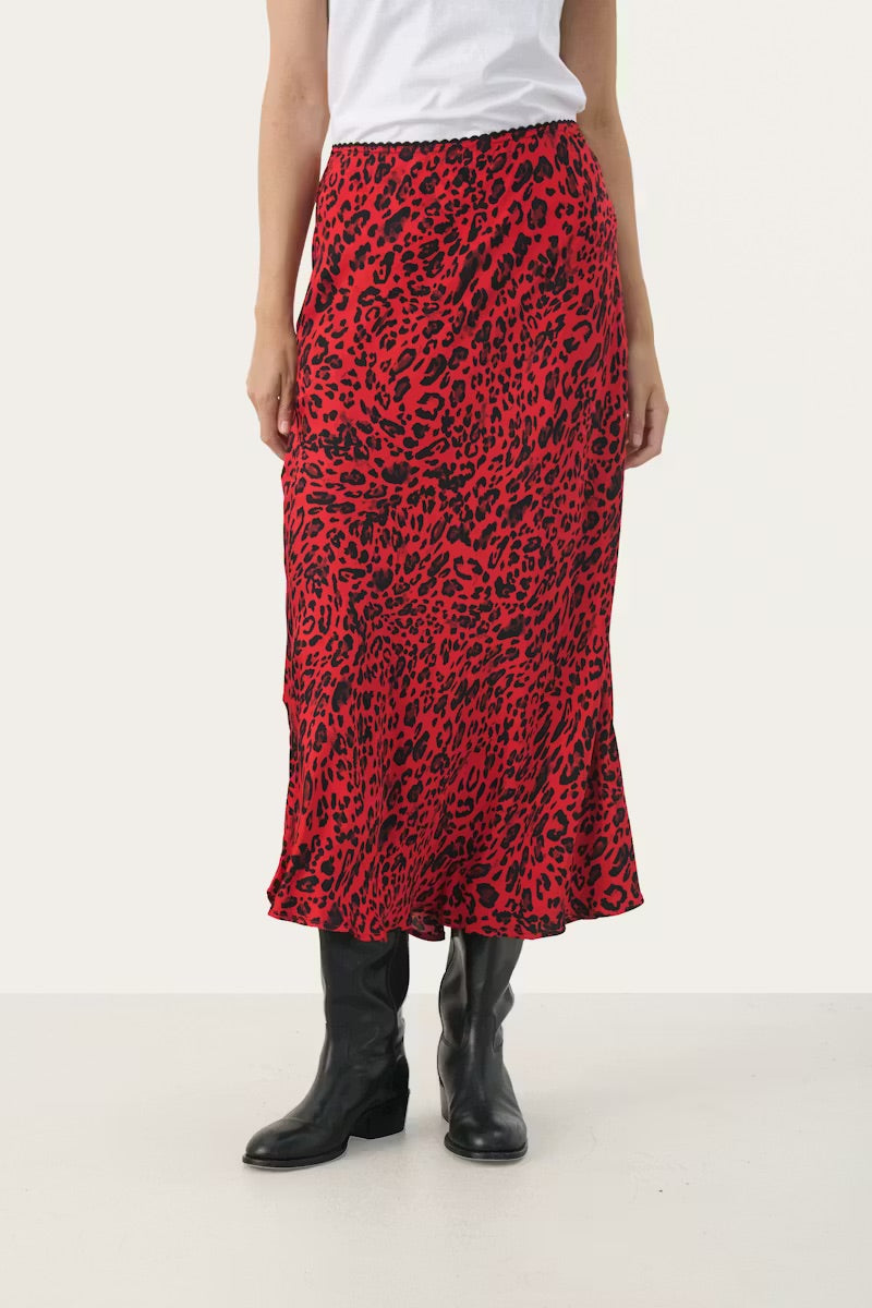 Part Two LaurinaPW Skirt - Red Leopard Print Midi Skirt