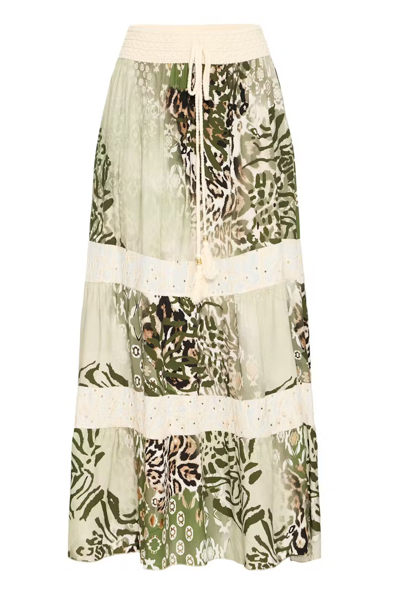 Sorbet Alona Tiered Maxi Skirt with Animal Print - Cream & Sage