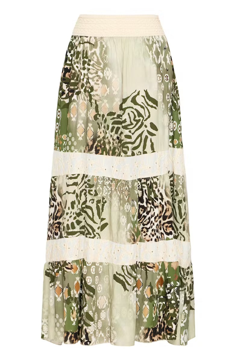 Sorbet Alona Tiered Maxi Skirt with Animal Print - Cream & Sage