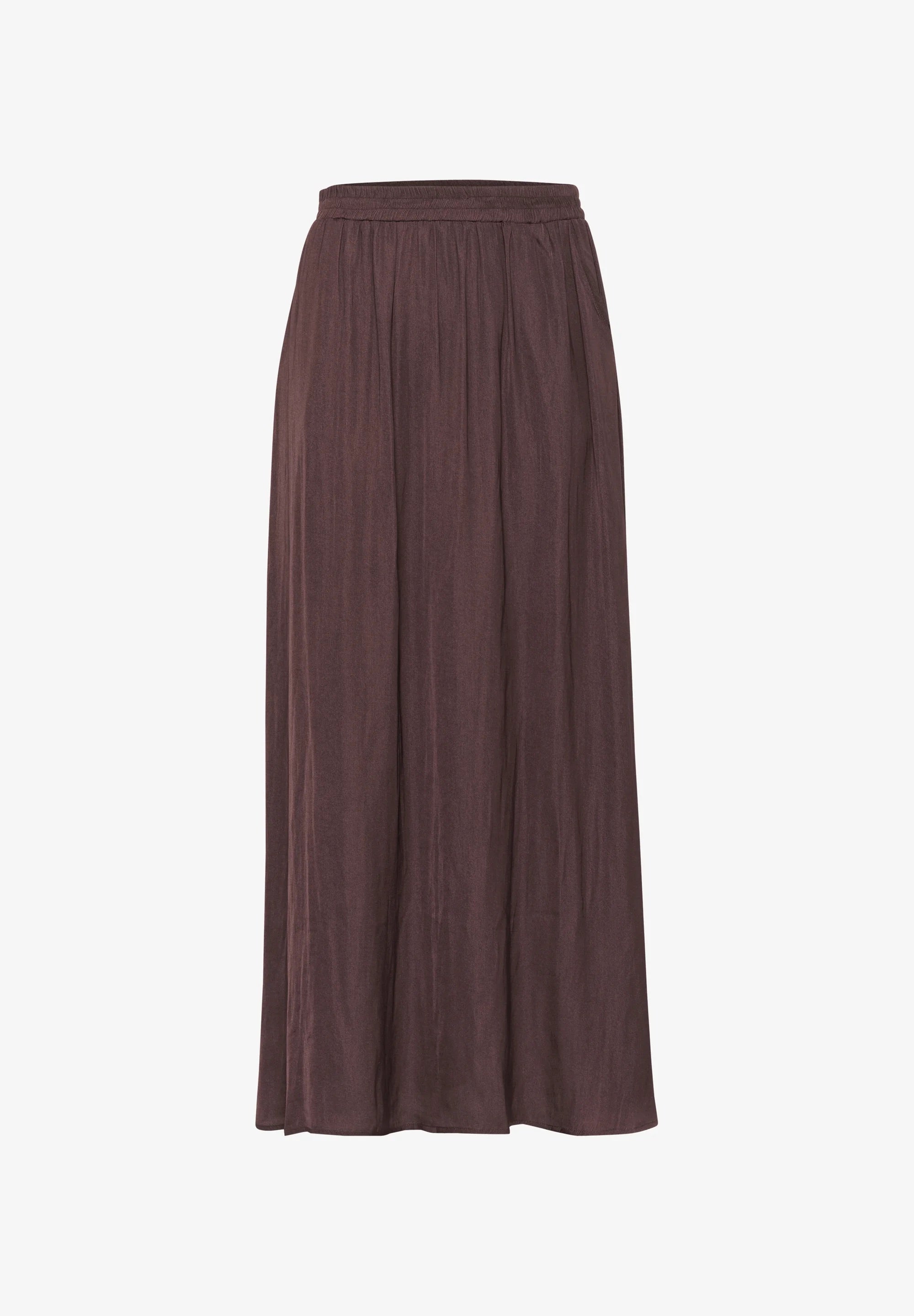 Kaffe KAallie Fudge Brown Satin Pleated Maxi Skirt – Elastic Waist Side Pocket Side Slit | Women