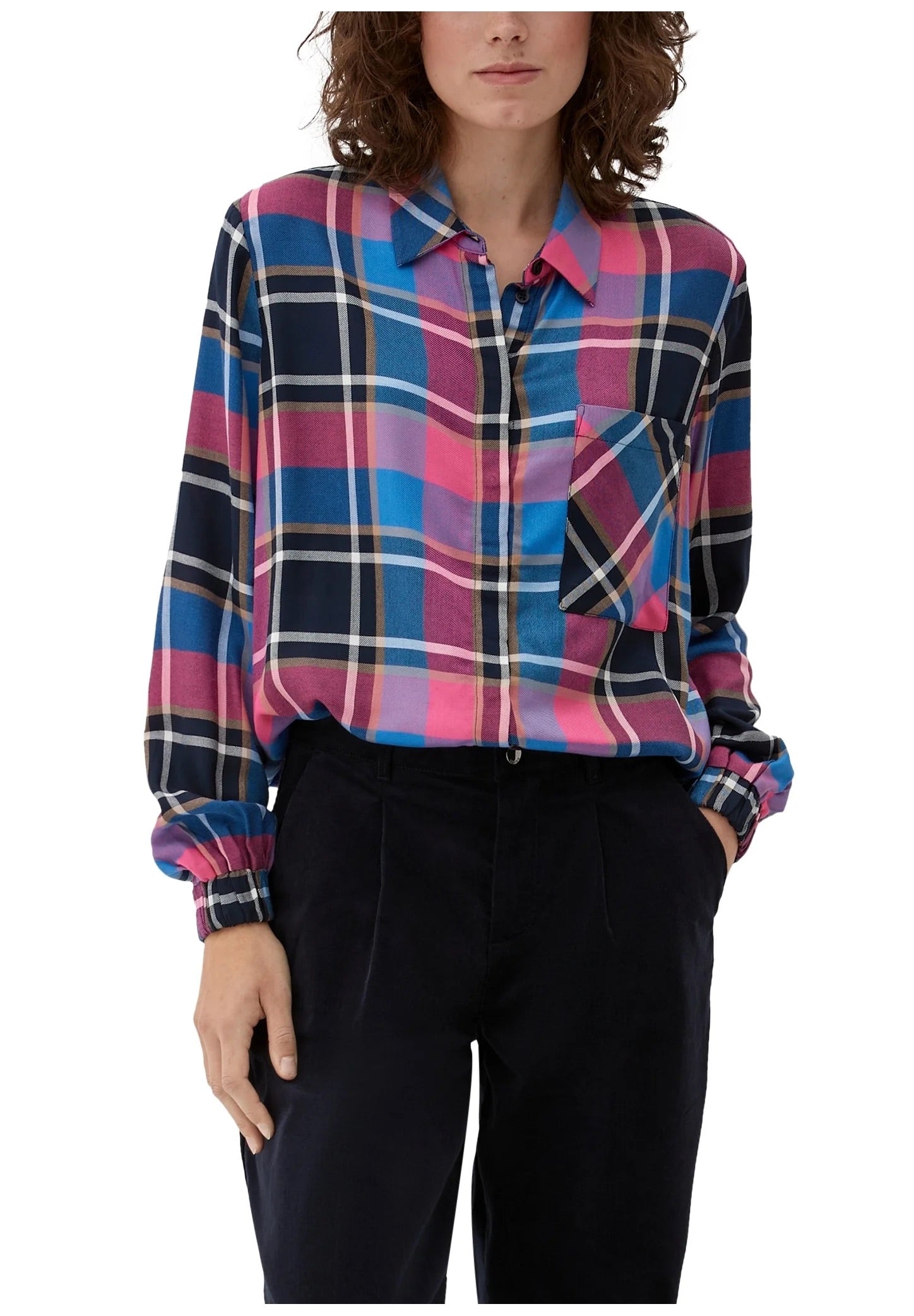 s.Oliver Oversized Plaid Shirt - Navy Blue, Pink & Purple