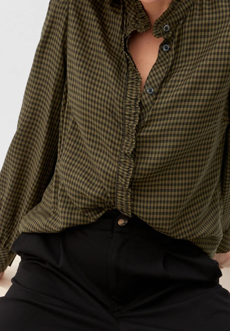 s.Oliver Gingham Check Blouse with Ruffle Collar - Evergreen