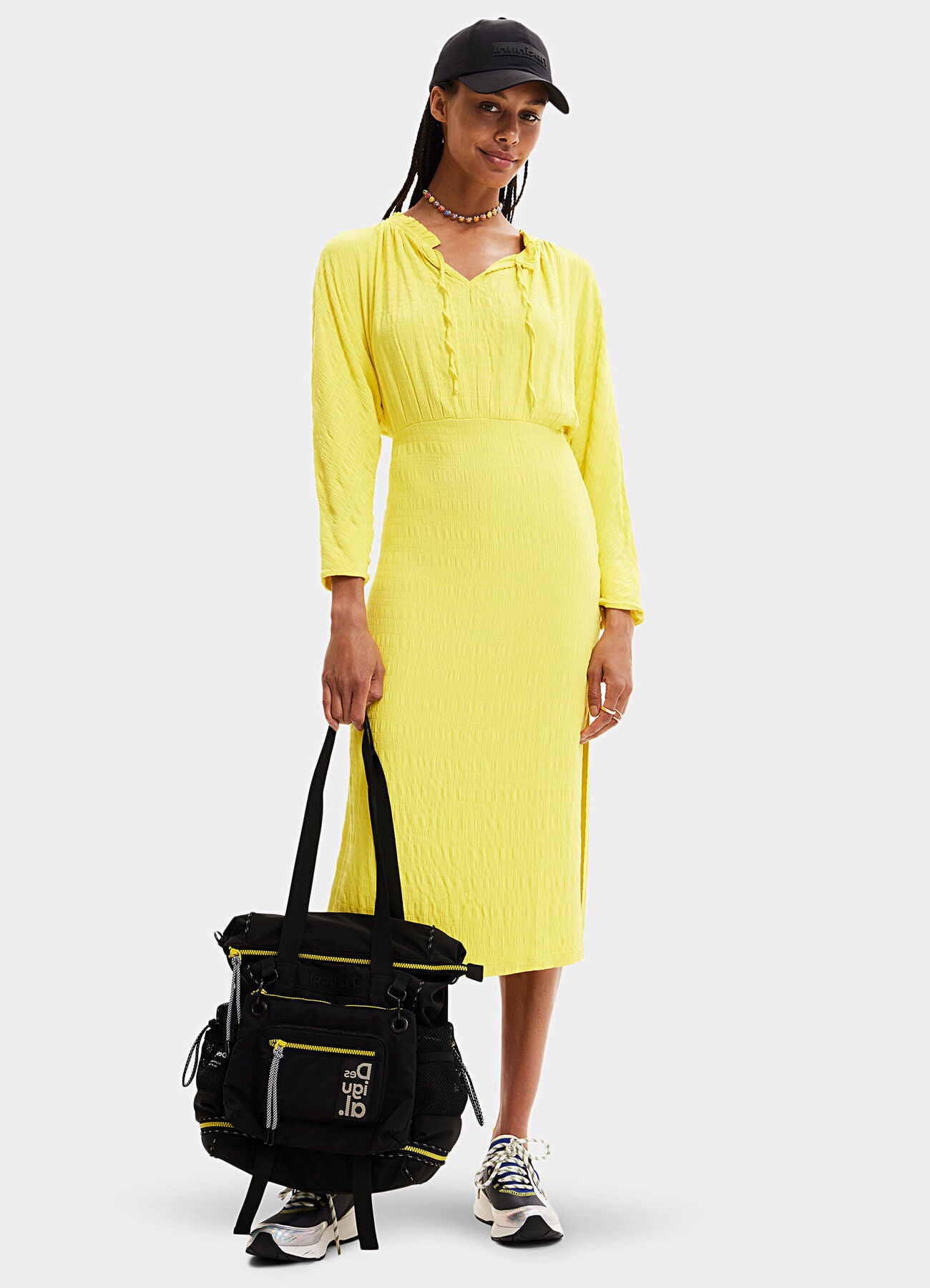 Desigual Textured Cut-Out Back Midi Dress – Yellow