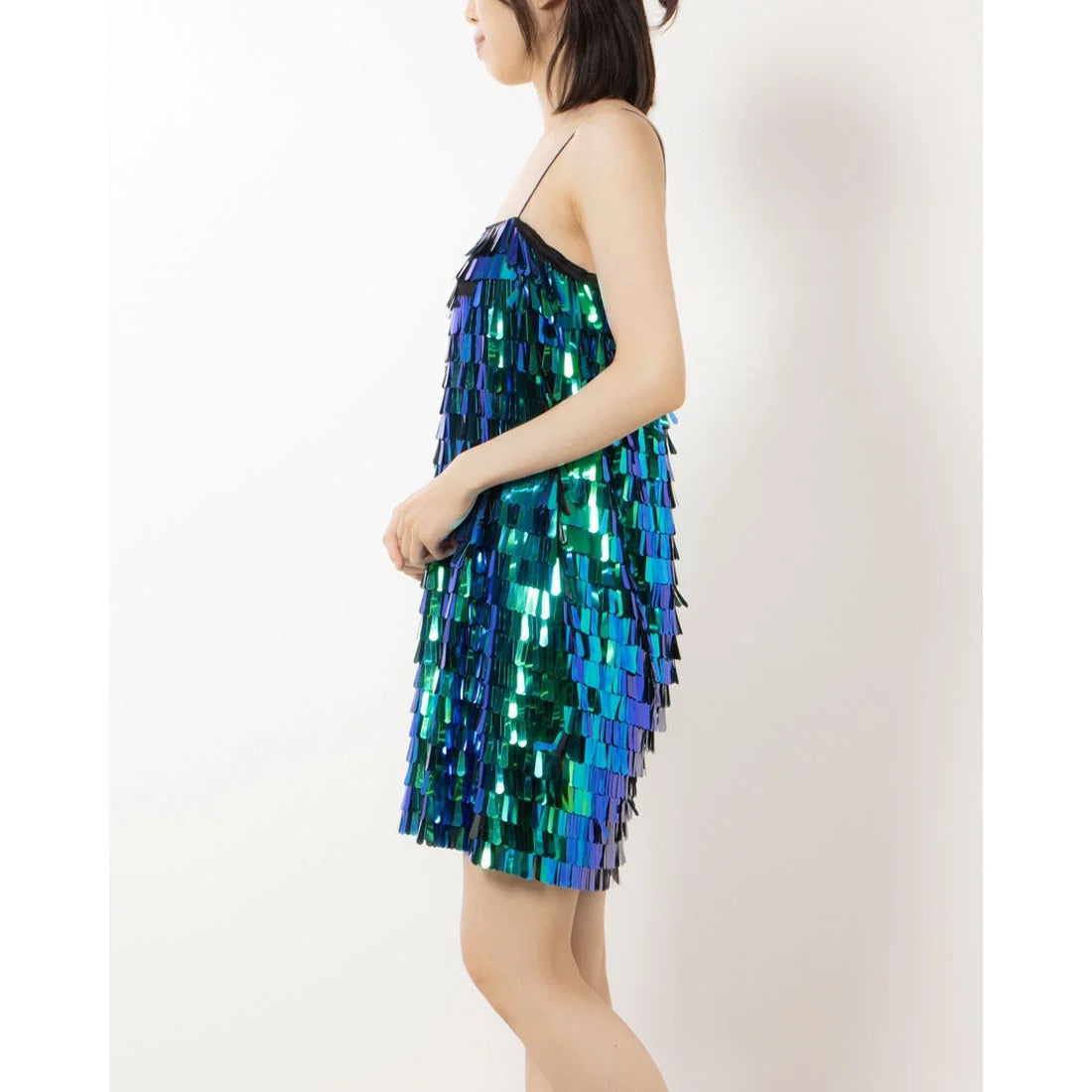 Desigual Iridescent Sequin Fringe Mini Dress – Green Blue