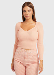 Guess Sweetheart Sonnet – krótki różowy prążkowany sweter z długim rękawem