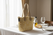 O bag bag – cream, knit-effect texture with gold threads, beige handles, zippered insert