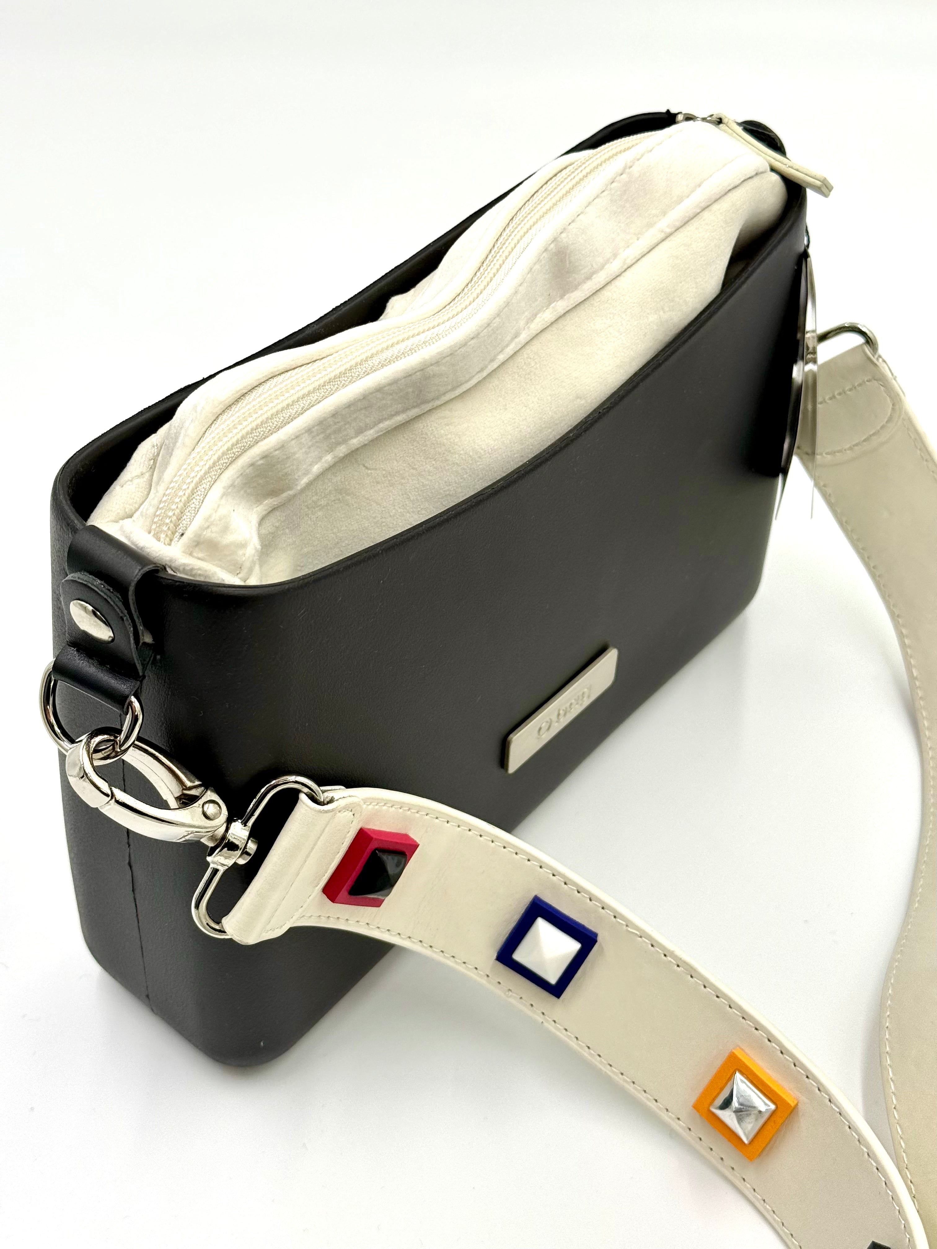 O bag Glam bag – anthracite body, off-white zippered inner and decorated strap