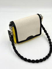 O bag Pocket mini bag – lemon yellow body, white lid, black chain strap