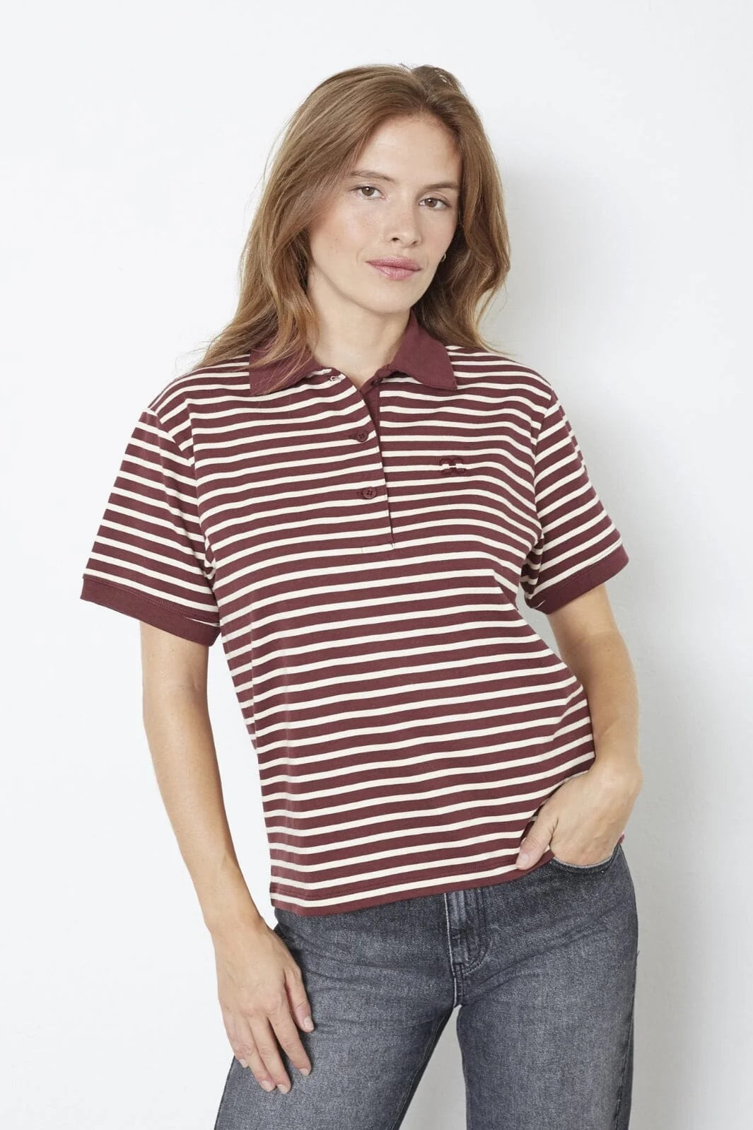 Co'couture Hayes CC – polo z krótkim rękawem w bordowe paski