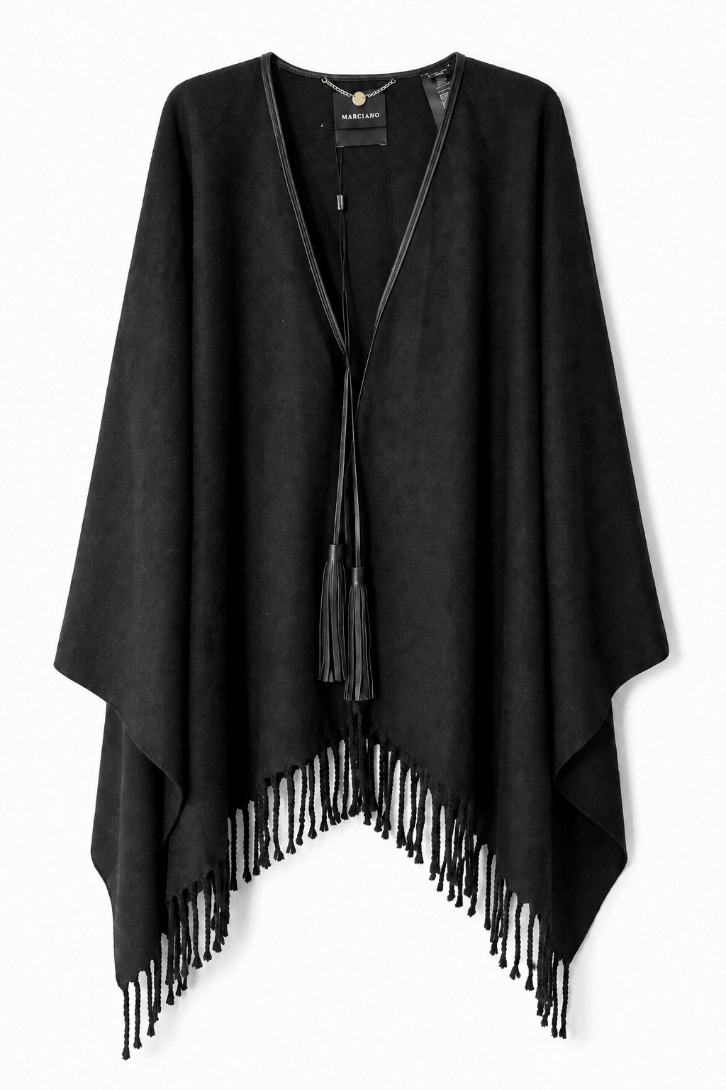 Marciano by Guess – czarna peleryna z domieszką wełny i frędzlami