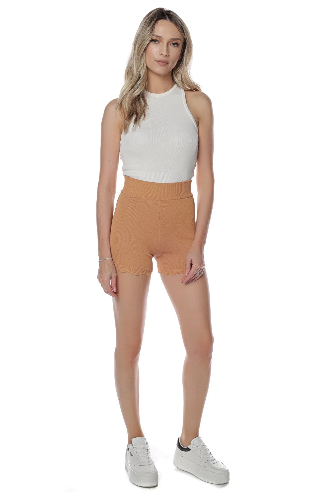 Guess High-Waisted Ribbed Knit Shorts with Scalloped Hem