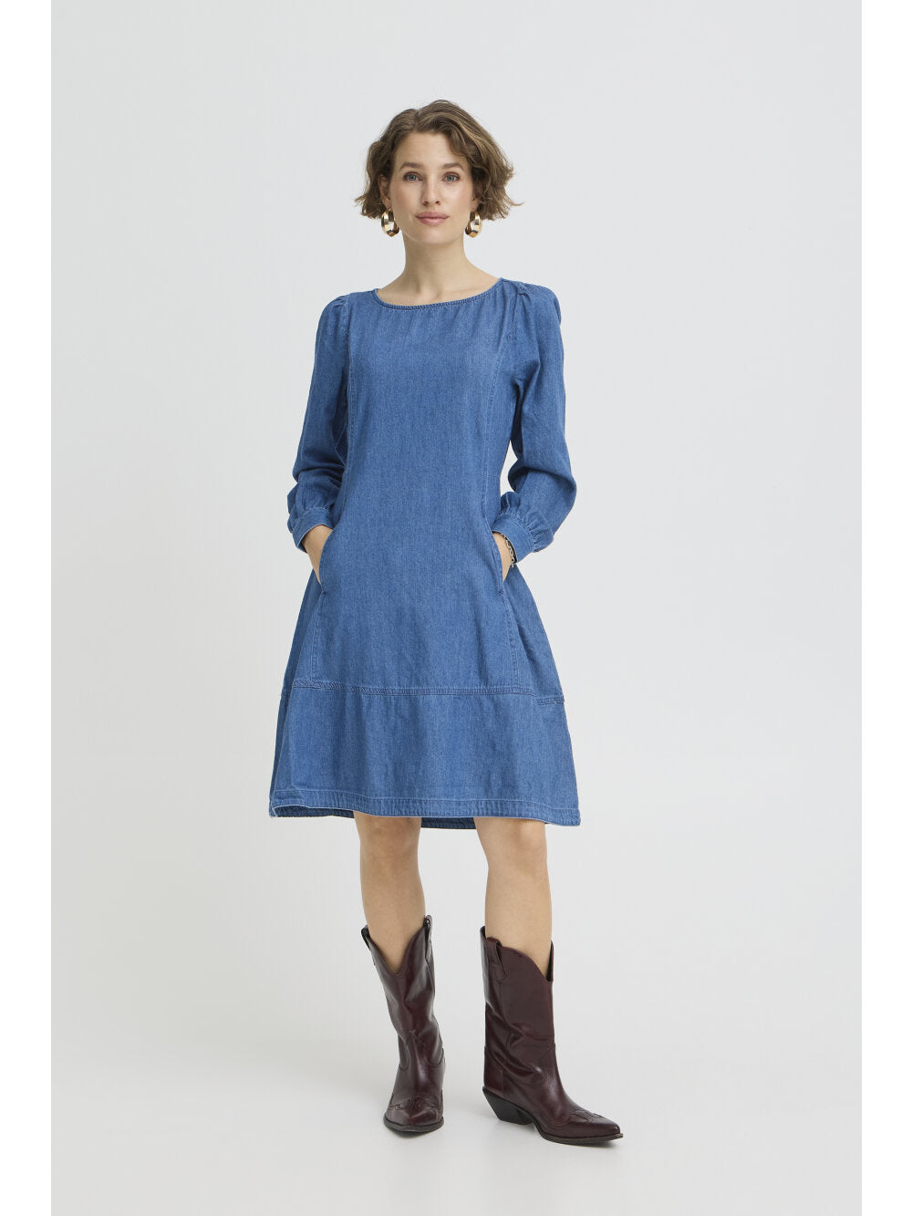b.young Bykairon Chambray Denim A-Line Dress - Mid Blue