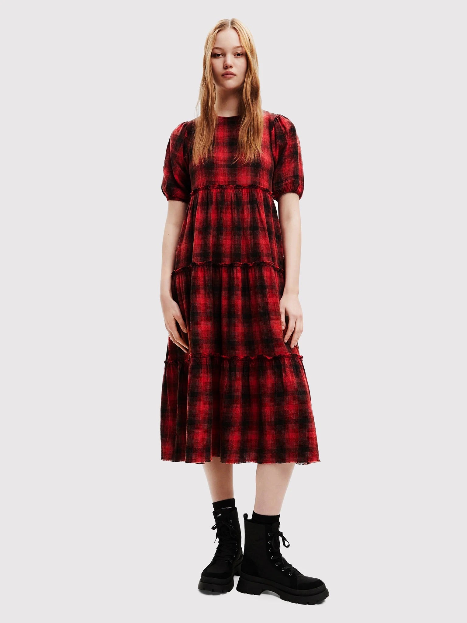 Desigual Khan Tartan Tiered Midi Dress – Red