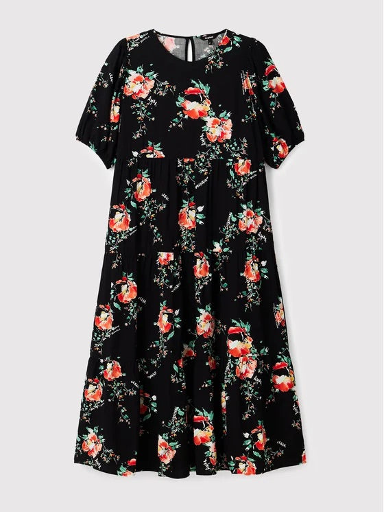 Desigual Florencia Floral Tiered Midi Dress – Black