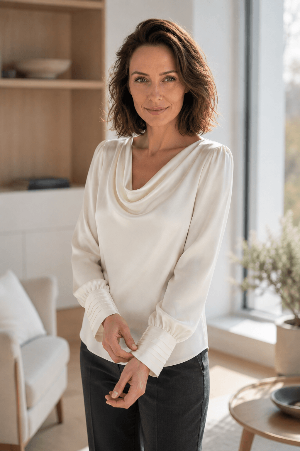 Marciano by Guess – kremowa satynowa bluzka z dekoltem wodą