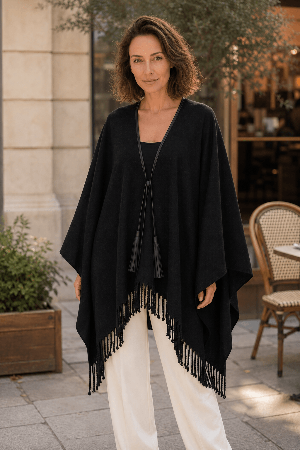 Marciano by Guess – czarna peleryna z domieszką wełny i frędzlami