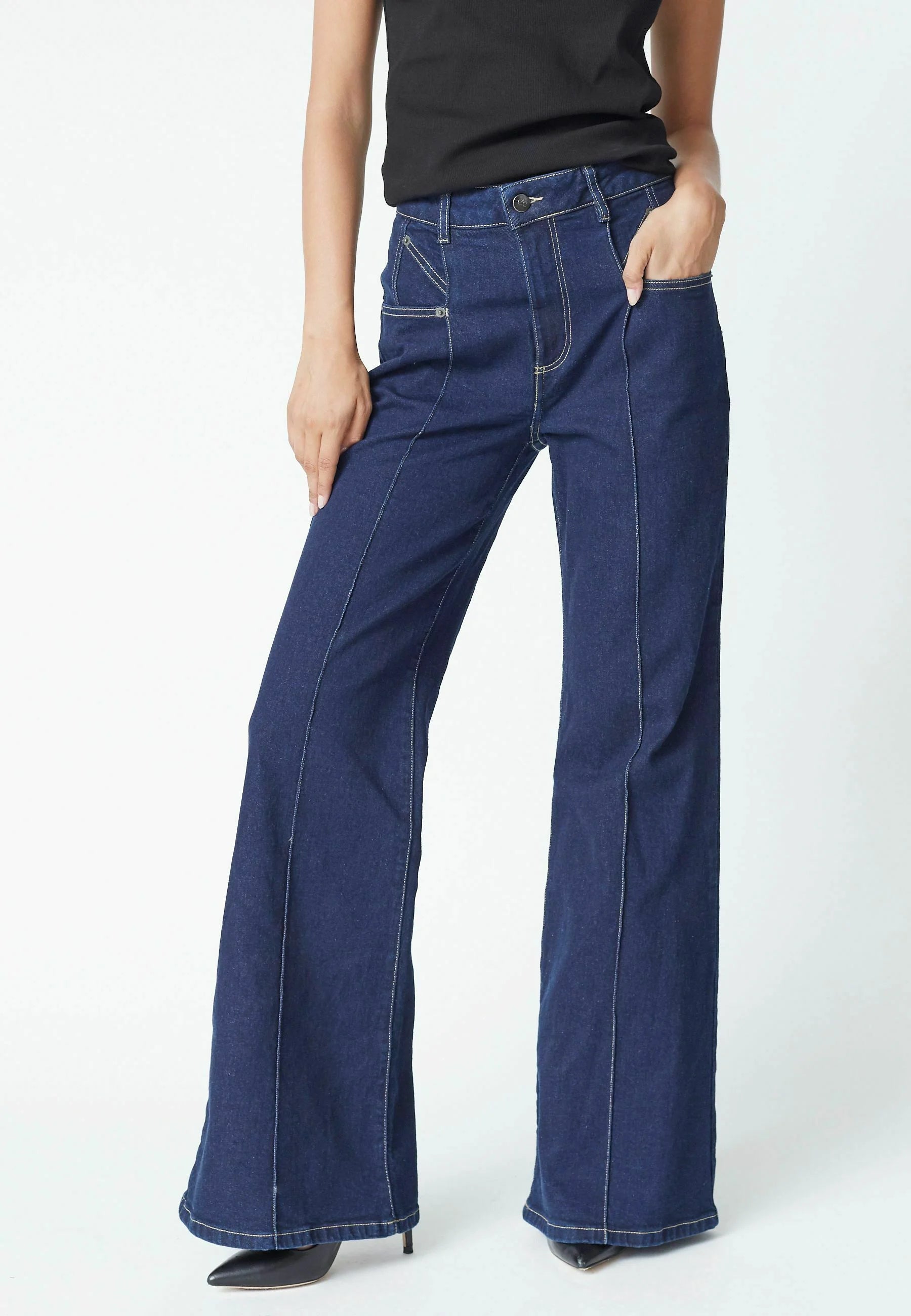 Co'couture Theo CC – jeansy z szerokimi rozszerzanymi nogawkami – ciemny denim