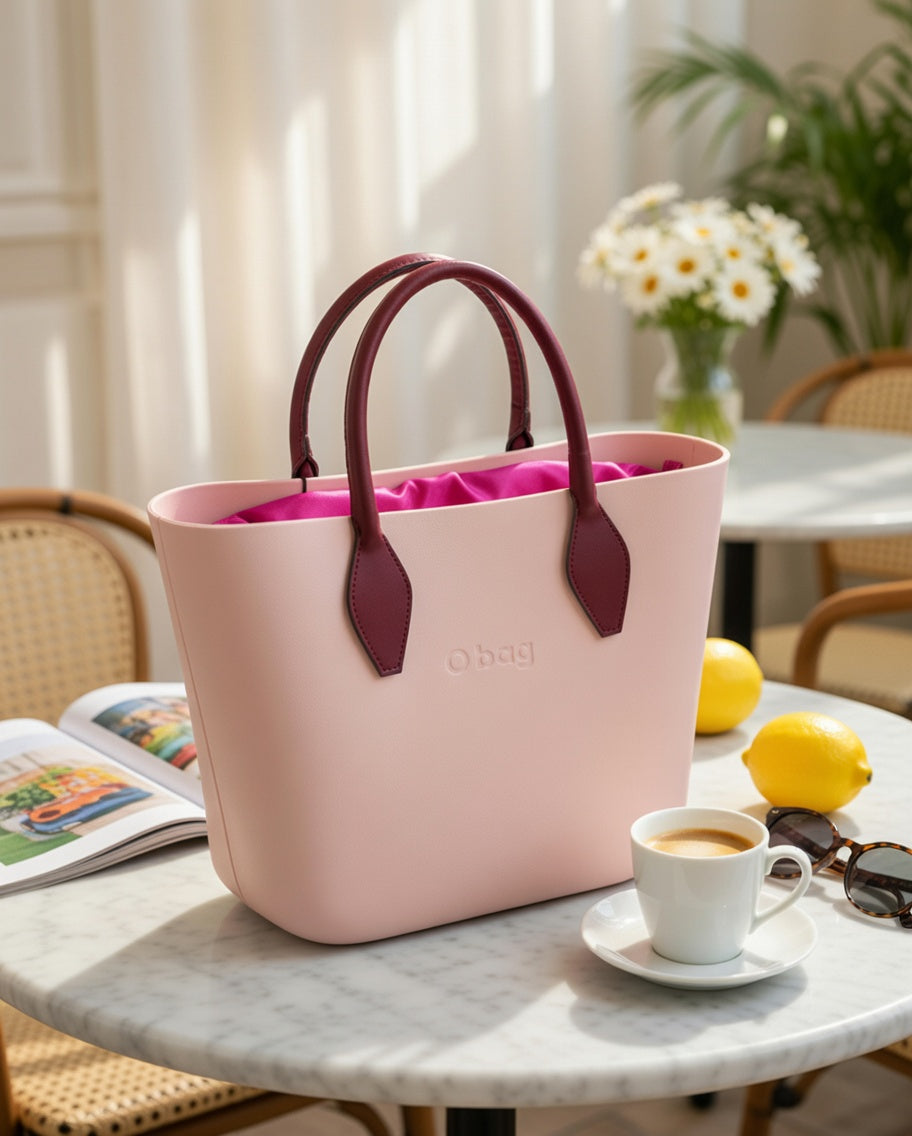 O bag Mini – Powder Pink Tote Bag with Burgundy Handles & Fuchsia Interior