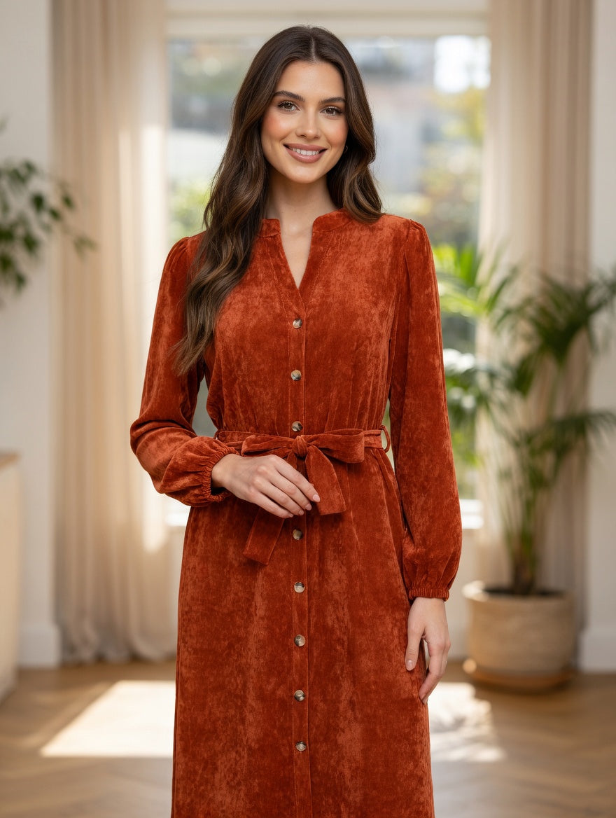 Sorbet Spicy Corduroy Shirt Dress with Belt - Rust Brown
