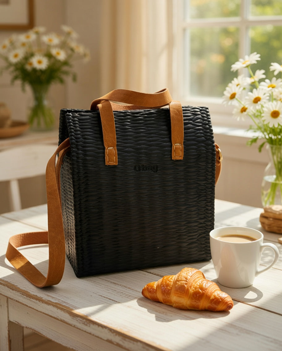 O bag Glam – Black Woven Texture Bag with Cognac Leather Handles