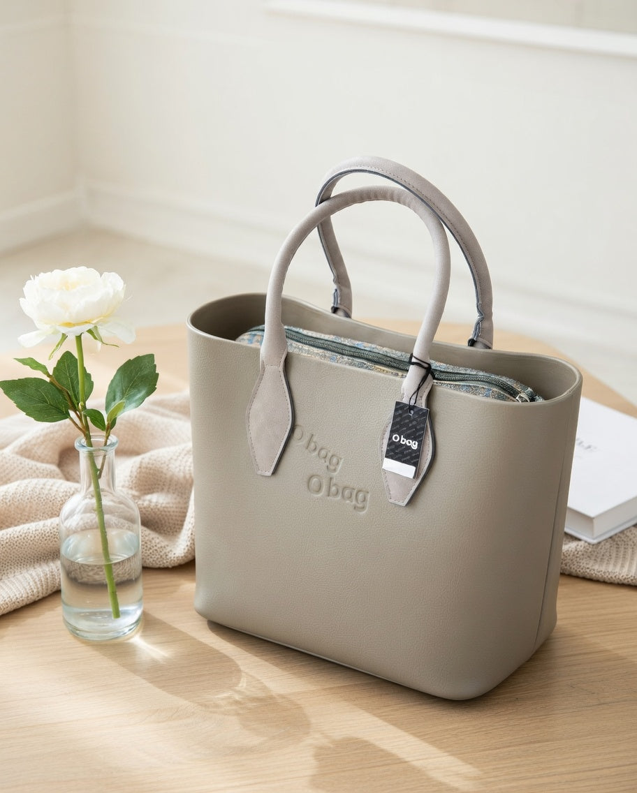 O bag – Taupe Tote Bag with Matching Handles & Blue Tweed Interior