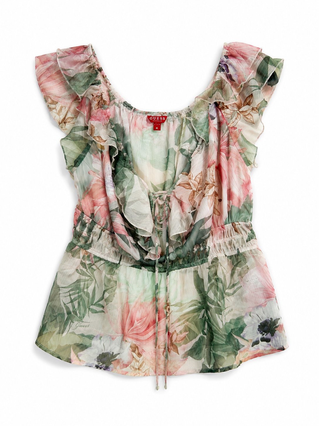 Guess Hanny Tropical Floral Chiffon Ruffle Top – V-Neck Tie Waist | Women