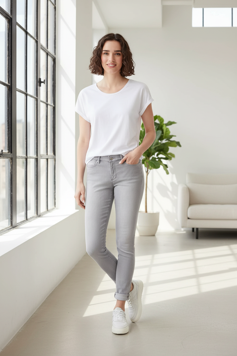 Lifestyle shot of s.Oliver Izabell grey jeans indoors