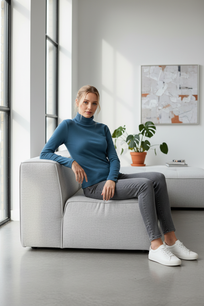 Woman wearing s.Oliver blue turtleneck sweater in modern interior