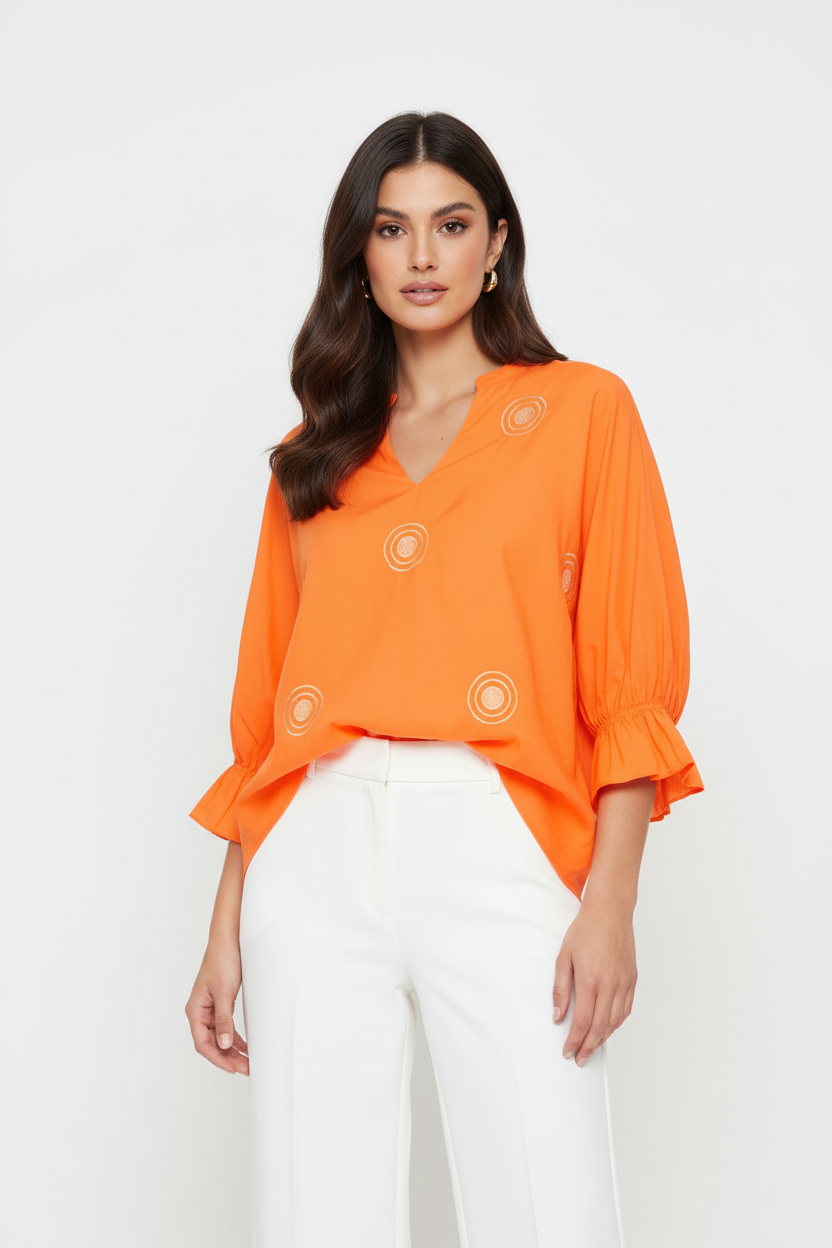 Sorbet Gilsa Embroidered V-Neck Blouse in Tangerine Orange