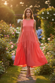 Sorbet Kato Sleeveless Tiered Midi Dress - Coral Pink