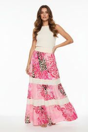 Sorbet Alona Tiered Maxi Skirt with Animal Print - Pink & Cream