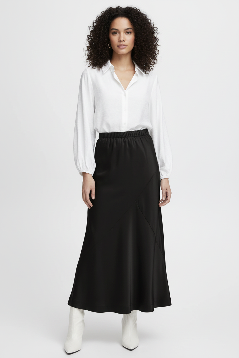 b.young Bydolora Satin Bias-Cut Midi Skirt - Black