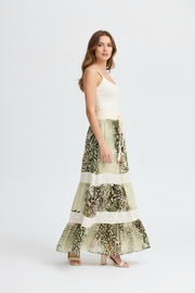 Sorbet Alona Tiered Maxi Skirt with Animal Print - Cream & Sage