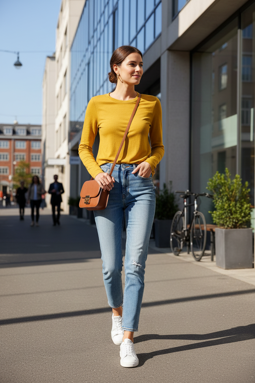 Woman wearing mustard yellow long-sleeve t-shirt in urban setting