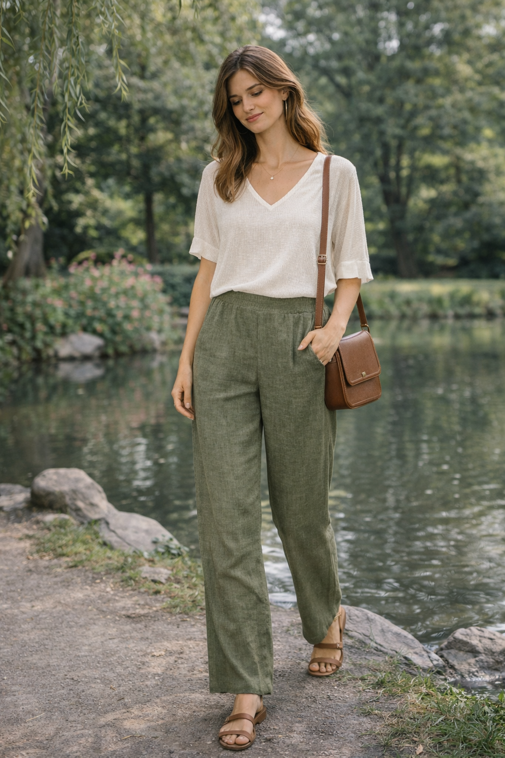 Sorbet SBLIAMO Linen Wide-Leg Pants - Sage Green