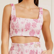 Marciano by Guess Avah – krótki różowy tweedowy top w kwiaty
